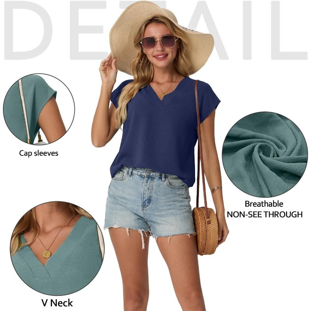 Women's Summer V Neck Tops Cap Sleeve Blouses Casual Work Office Shirts - Picture 2 of 4